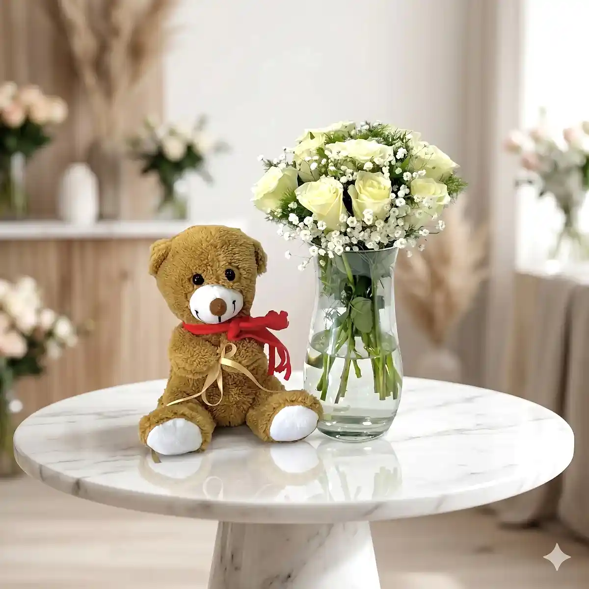 9 Adet Beyaz Gül Peluş Ayı